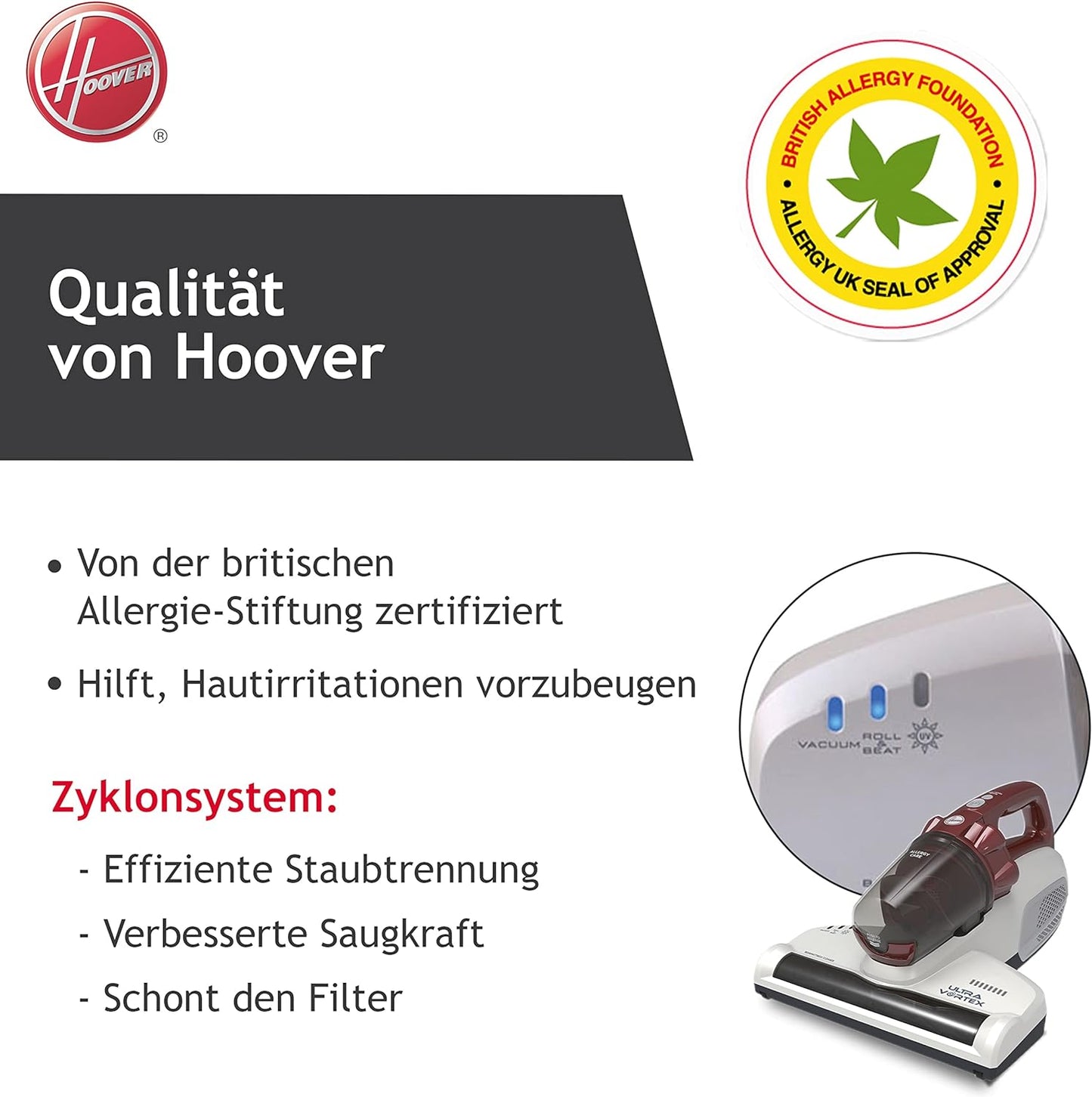 Hoover Ultra Vortex Milbensauger mit UV-Licht, bekämpft Bettwanzen – Polsterreiniger entfernt 99,9 % Bakterien, Allergene, Staub-Milben – Matratzenreiniger für hygienische Reinigung, für Allergiker