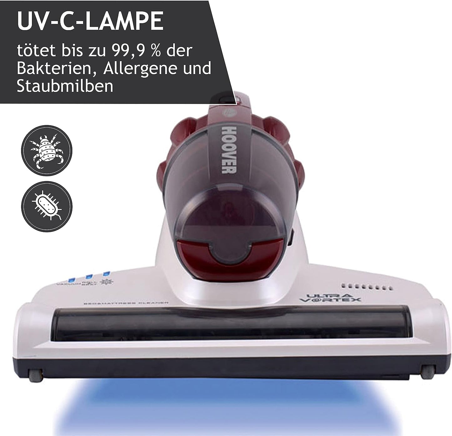 Hoover Ultra Vortex Milbensauger mit UV-Licht, bekämpft Bettwanzen – Polsterreiniger entfernt 99,9 % Bakterien, Allergene, Staub-Milben – Matratzenreiniger für hygienische Reinigung, für Allergiker