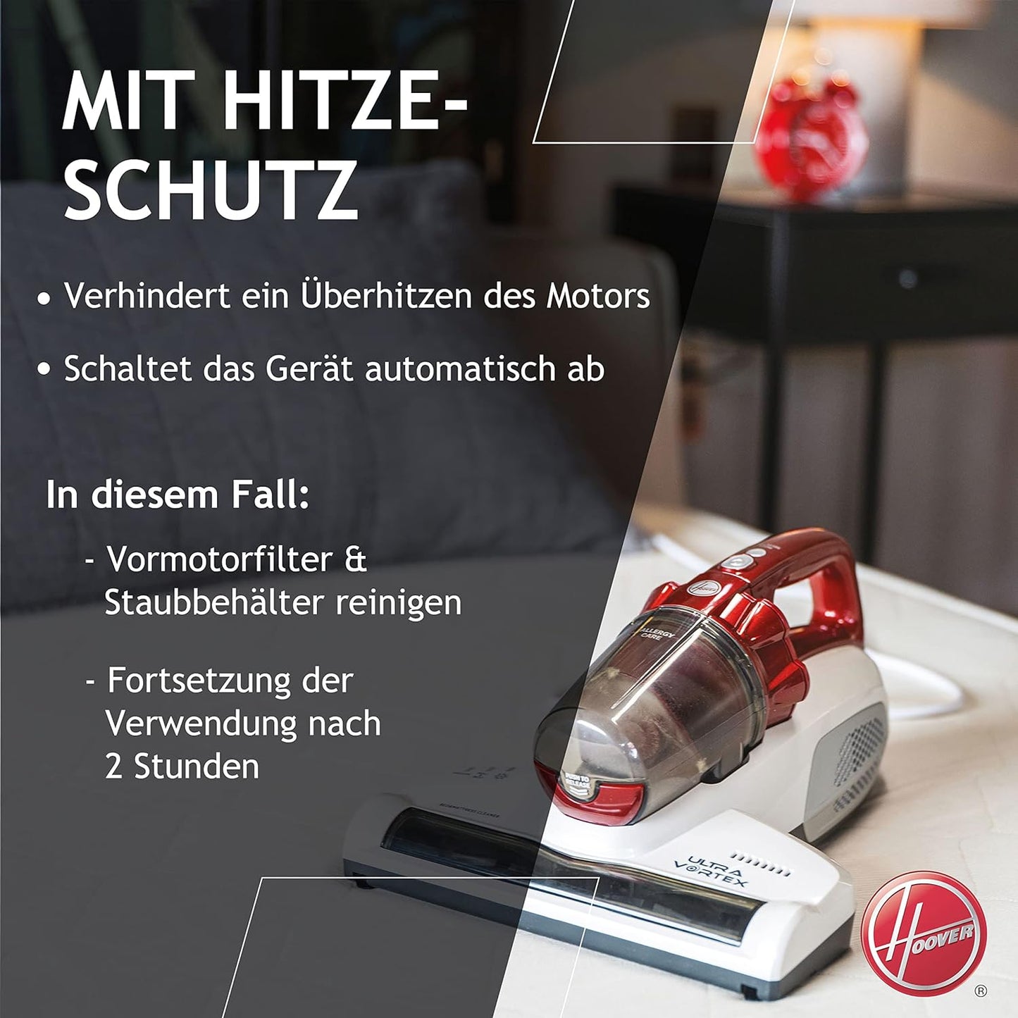 Hoover Ultra Vortex Milbensauger mit UV-Licht, bekämpft Bettwanzen – Polsterreiniger entfernt 99,9 % Bakterien, Allergene, Staub-Milben – Matratzenreiniger für hygienische Reinigung, für Allergiker