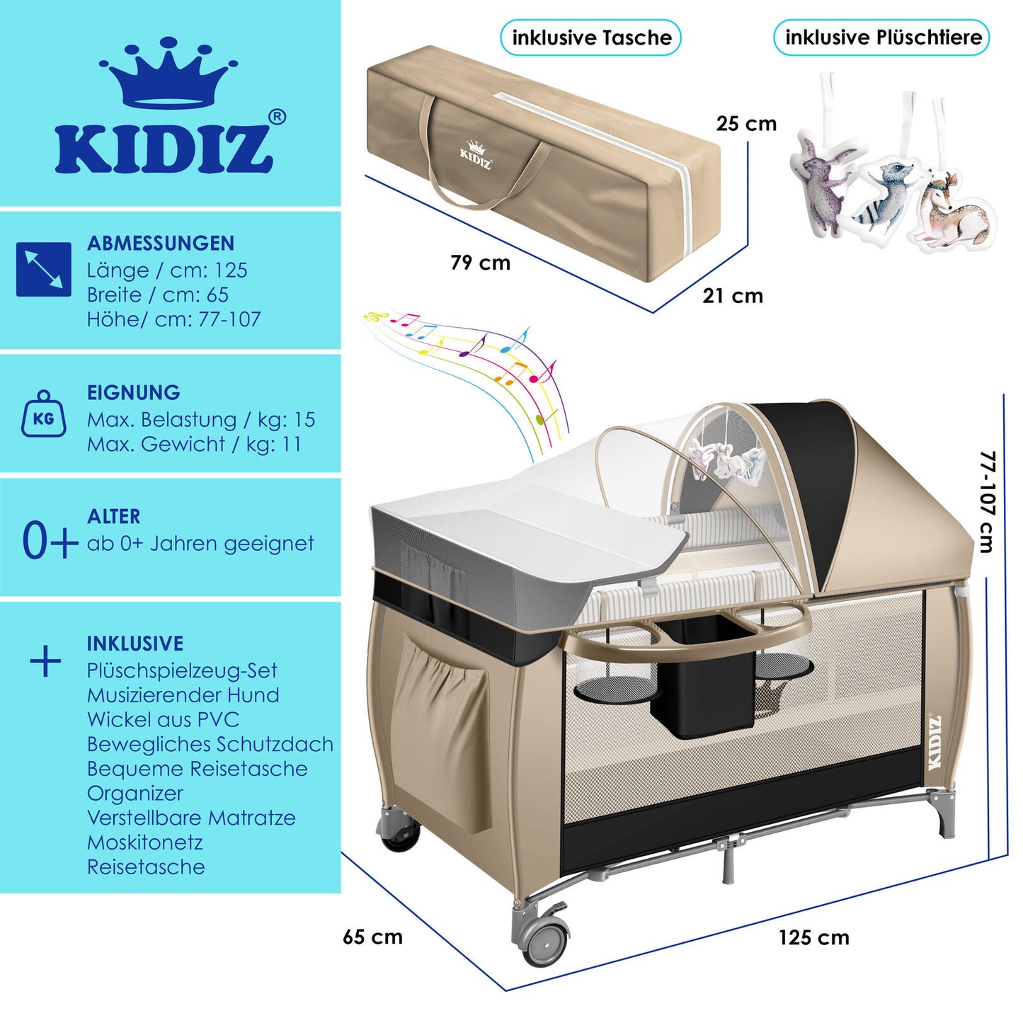 Kidiz Babybett 3in1 Kinder Baby Reisebett Kinderreisebett Kinderbett Laufstall