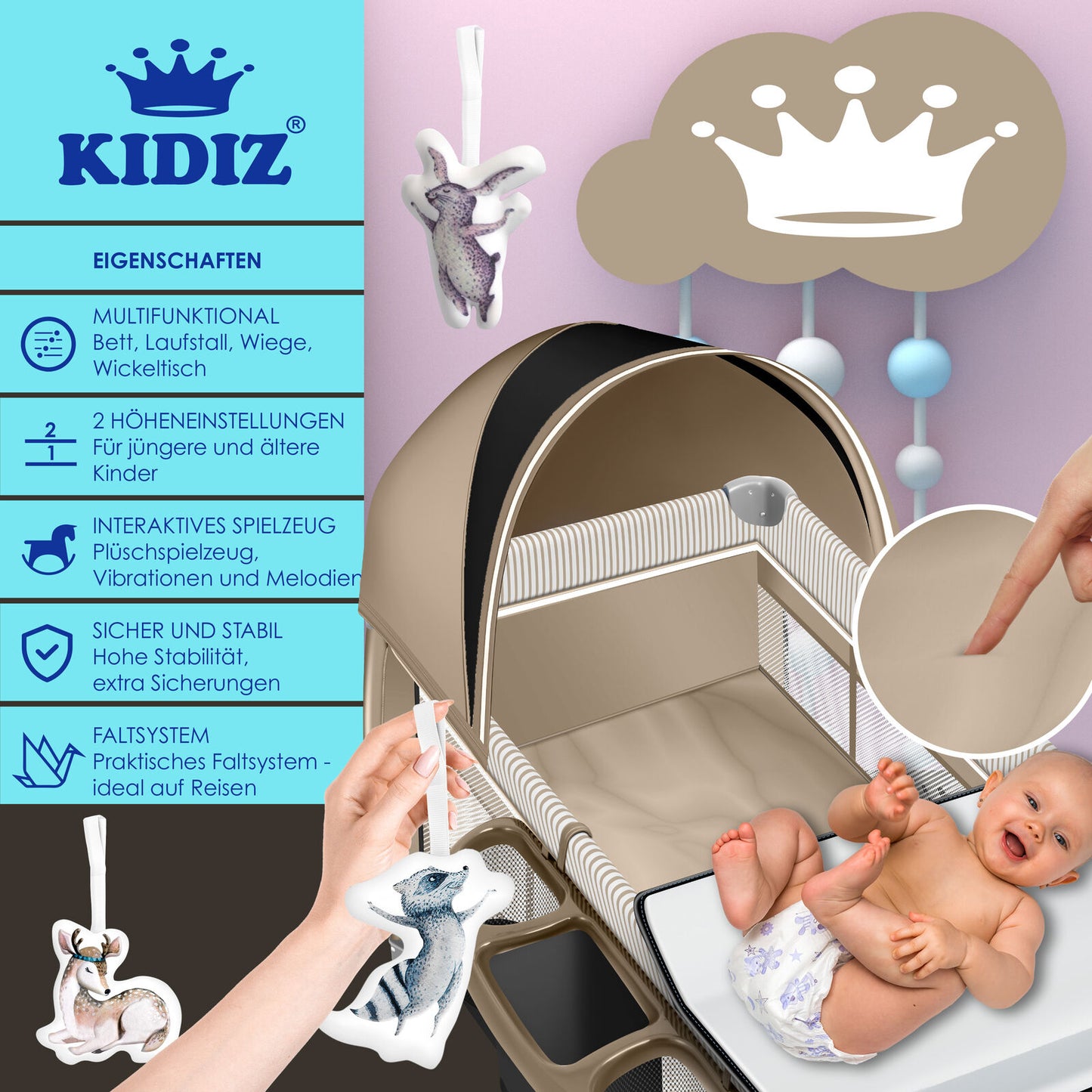 Kidiz Babybett 3in1 Kinder Baby Reisebett Kinderreisebett Kinderbett Laufstall