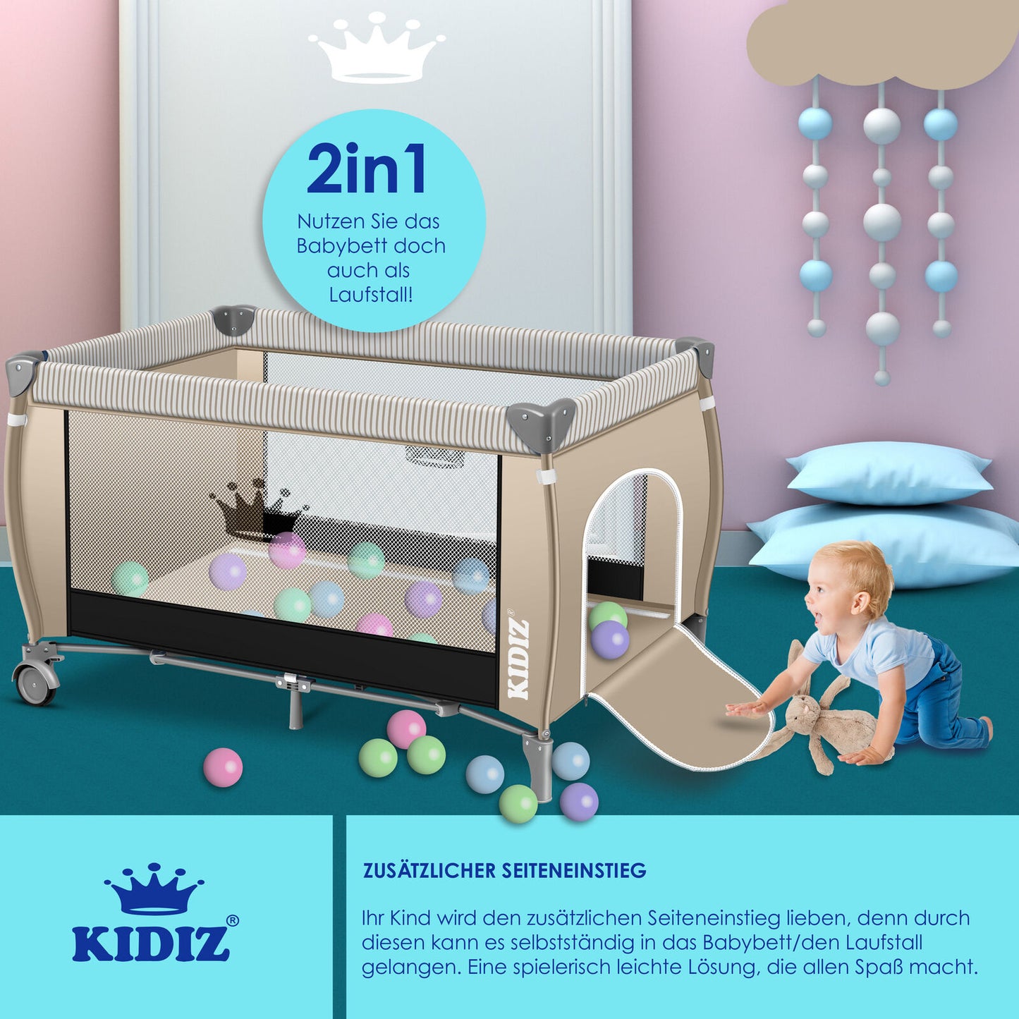 Kidiz Babybett 3in1 Kinder Baby Reisebett Kinderreisebett Kinderbett Laufstall